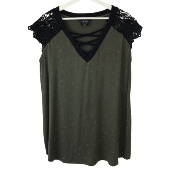 Addition Elle Khaki Green Top with Black Lace Cap Sleeves - Picture 1 of 11